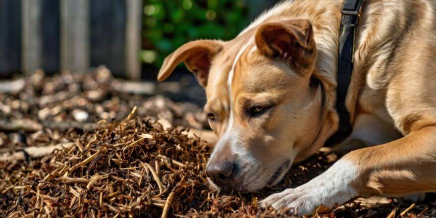 Hund frisst Rindenmulch